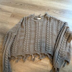 Altar'd State Taupe Cable Knit Sweater with Fringe
